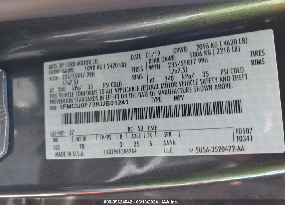 2019 FORD ESCAPE S VIN: 1FMCU0F73KUB01241