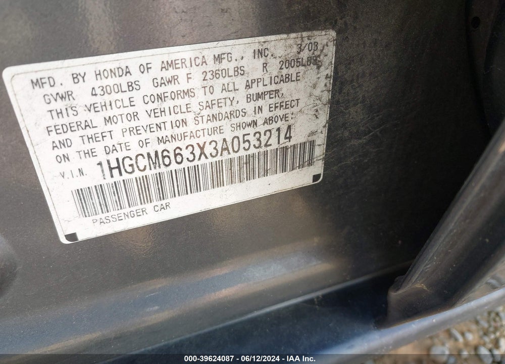 2003 HONDA ACCORD 3.0 LX VIN: 1HGCM663X3A053214
