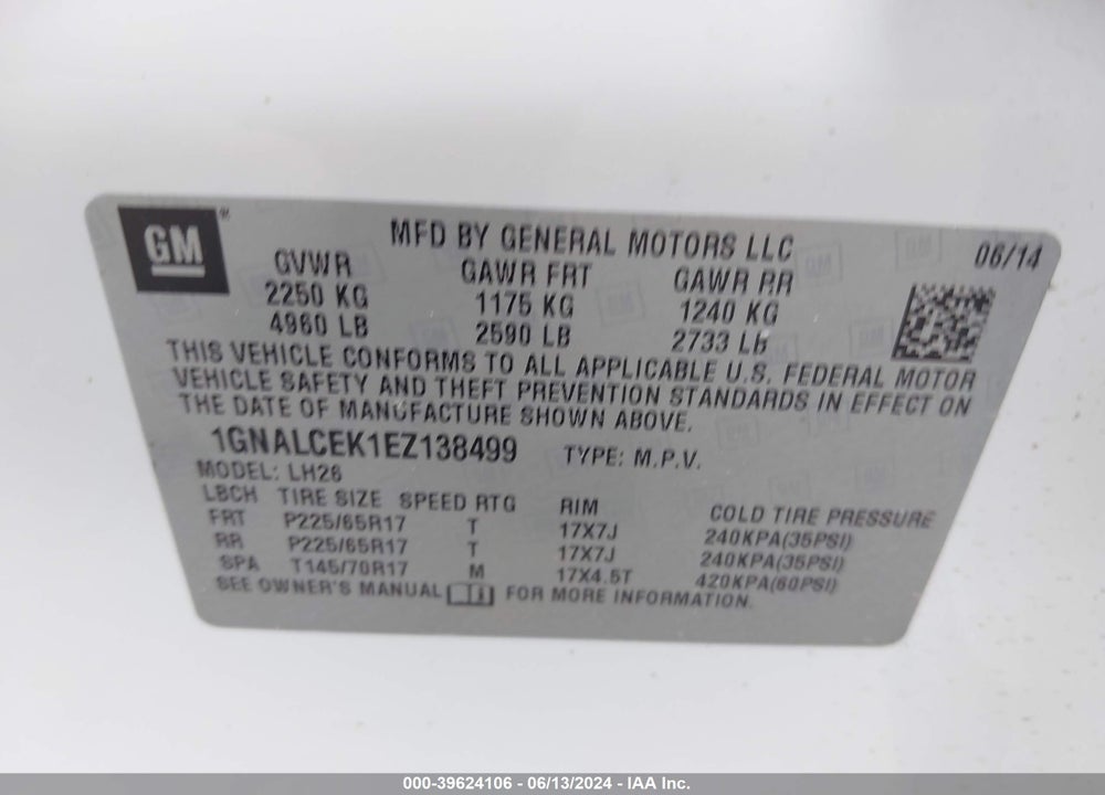 2014 CHEVROLET EQUINOX 2LT VIN: 1GNALCEK1EZ138499