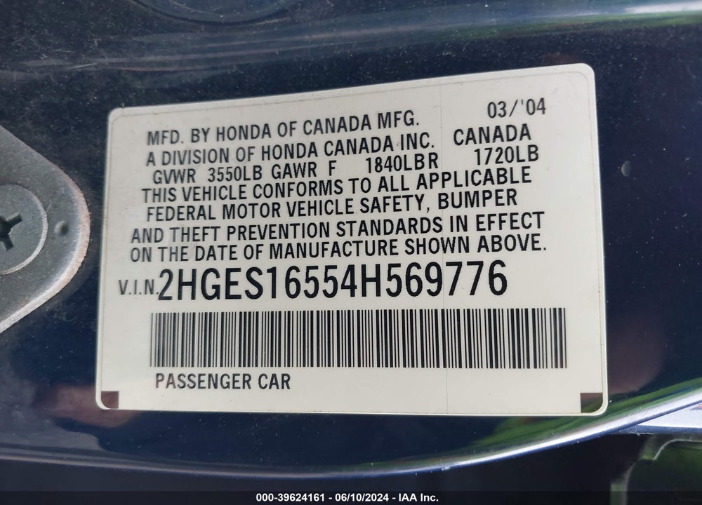 2004 HONDA CIVIC LX VIN: 2HGES16554H569776