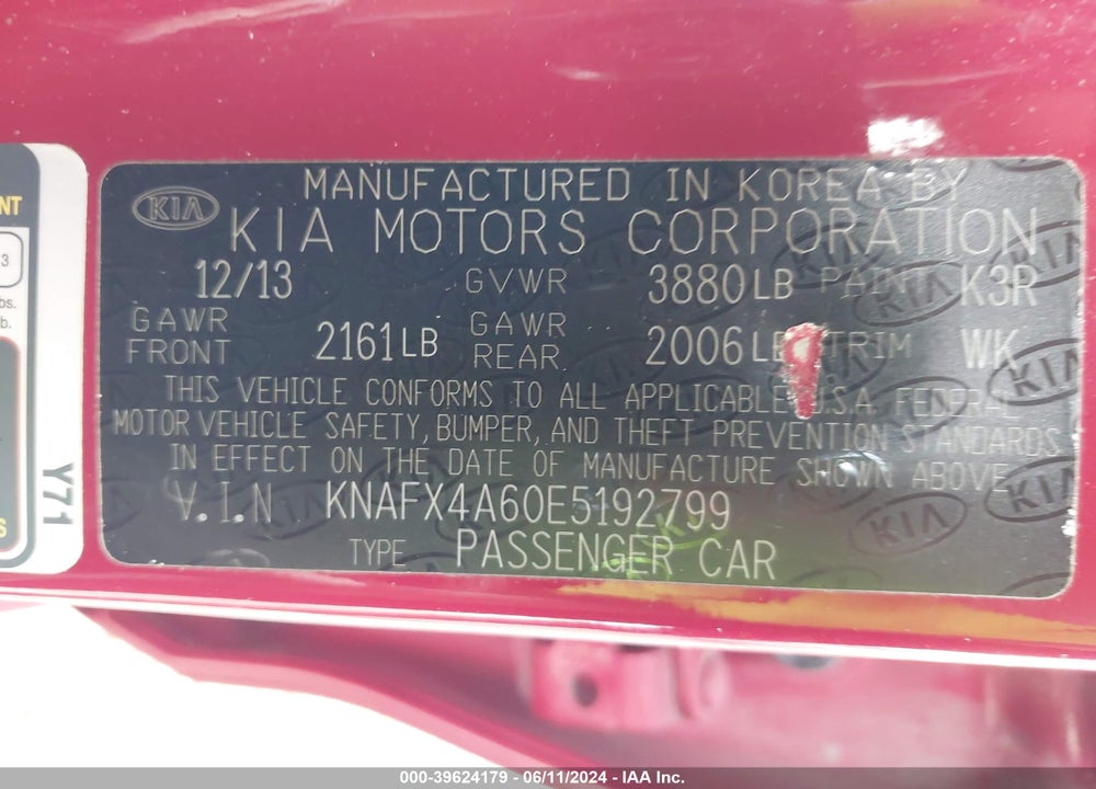 2014 KIA FORTE LX VIN: KNAFX4A60E5192799