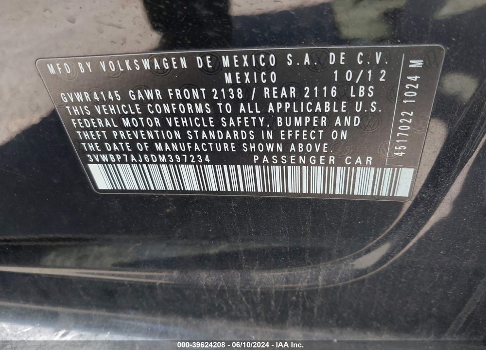 2013 VOLKSWAGEN JETTA 2.5L SE VIN: 3VWBP7AJ6DM397234