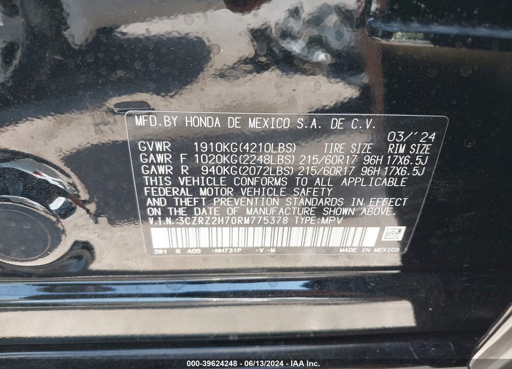 2024 HONDA HR-V AWD EX-L/AWD EX-L W/O BSI VIN: 3CZRZ2H70RM775378