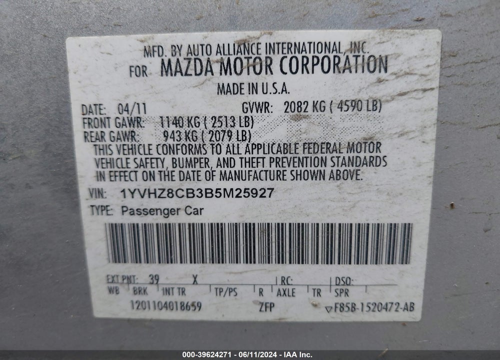 2011 MAZDA 6 S TOURING PLUS VIN: 1YVHZ8CB3B5M25927