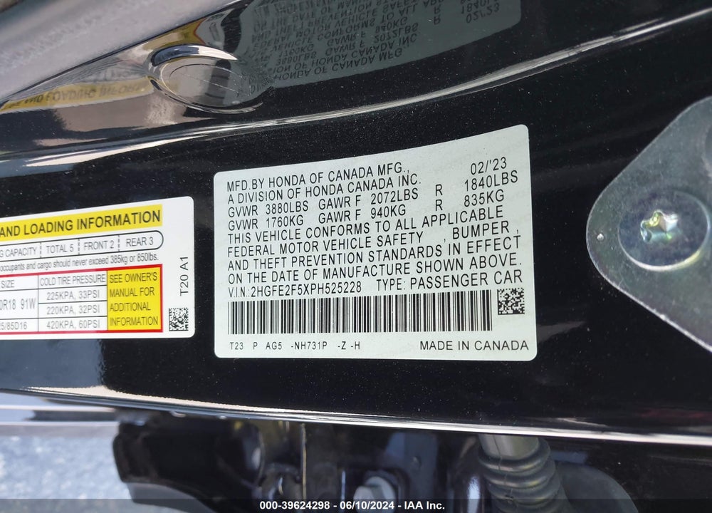 2023 HONDA CIVIC SPORT VIN: 2HGFE2F5XPH525228