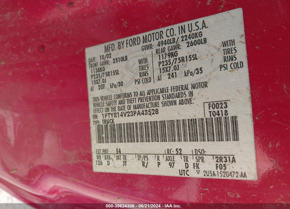 2003 FORD RANGER EDGE/TREMOR/XL/XLT VIN: 1FTYR14V23PA43528