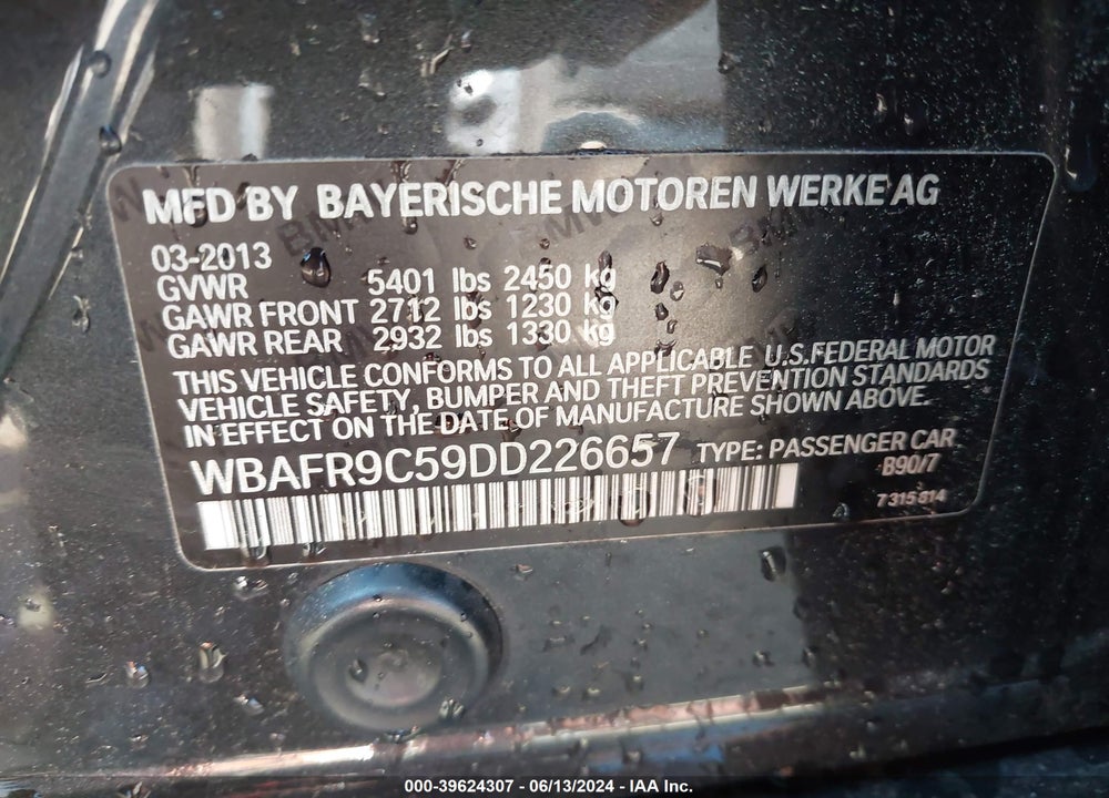 2013 BMW 550I VIN: WBAFR9C59DD226657