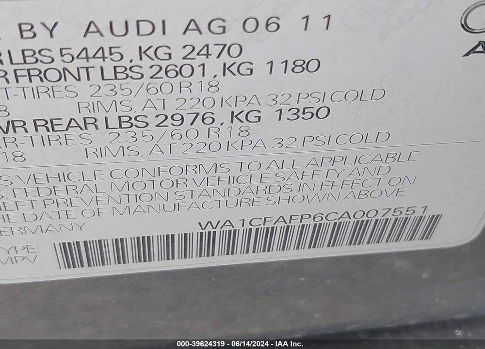 2012 AUDI Q5 2.0T PREMIUM VIN: WA1CFAFP6CA007551