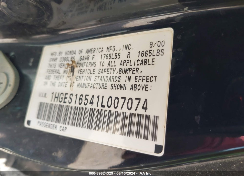 2001 HONDA CIVIC LX VIN: 1HGES16541L007074
