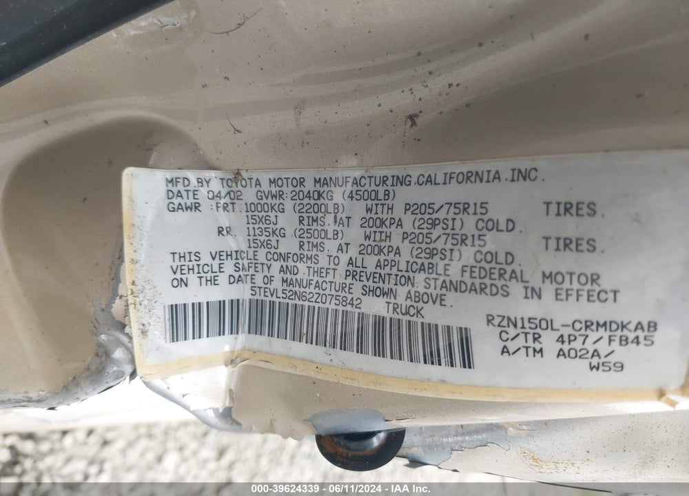 2002 TOYOTA TACOMA VIN: 5TEVL52N62Z075842