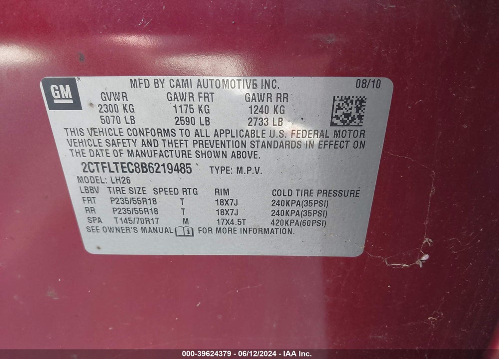 2011 GMC TERRAIN SLE-2 VIN: 2CTFLTEC8B6219485