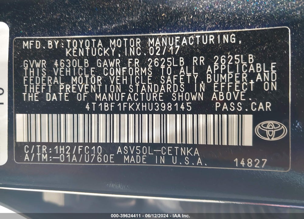 2017 TOYOTA CAMRY LE VIN: 4T1BF1FKXHU398145