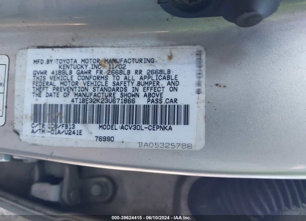 2003 TOYOTA CAMRY LE VIN: 4T1BE32K23U671866