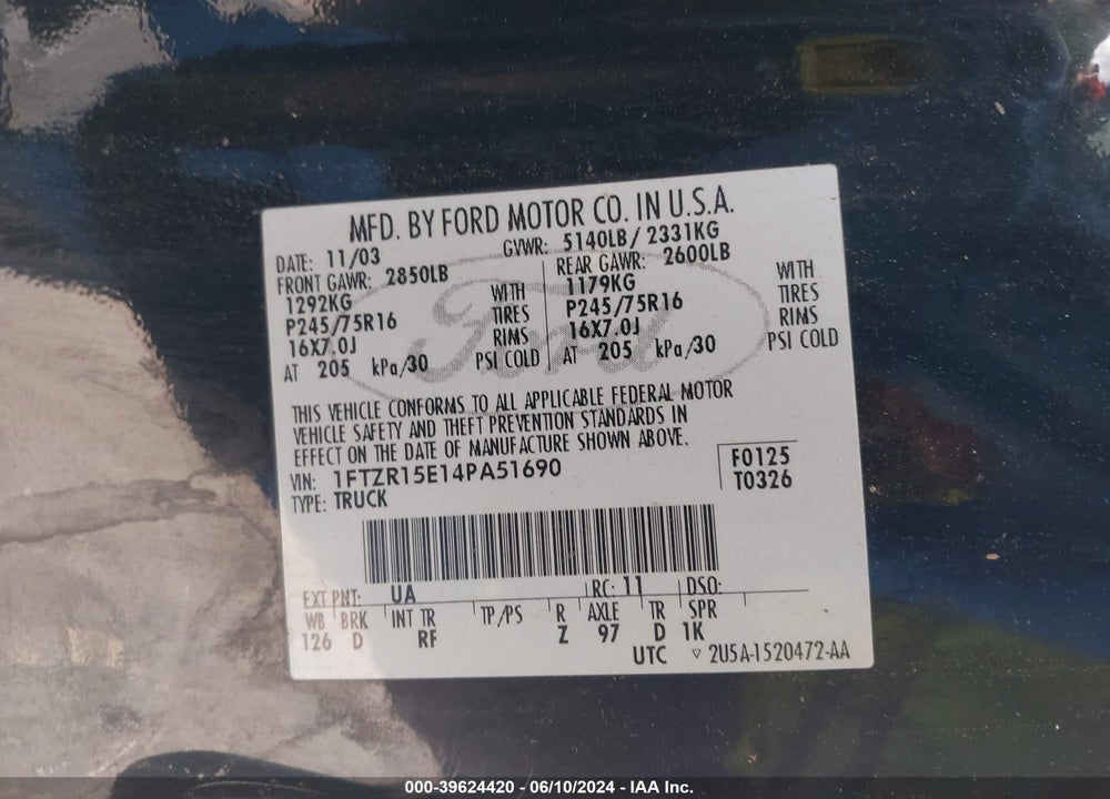 2004 FORD RANGER XLT VIN: 1FTZR15E14PA51690