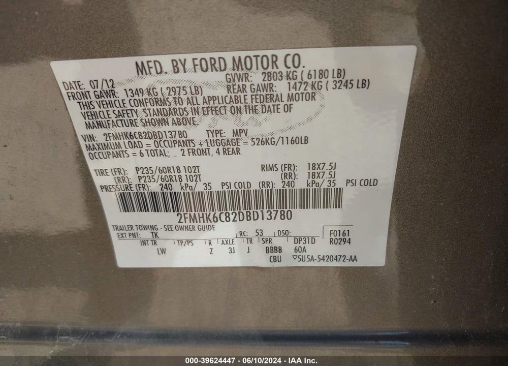 2013 FORD FLEX SEL VIN: 2FMHK6C82DBD13780