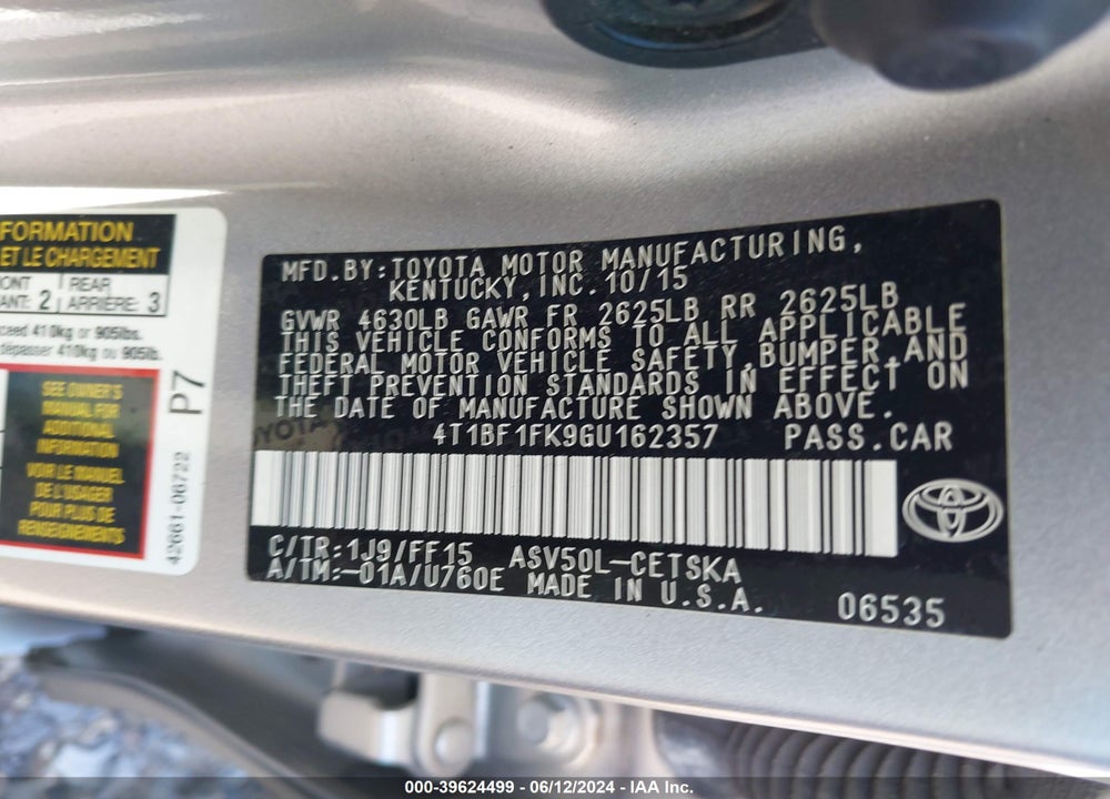 2016 TOYOTA CAMRY SE VIN: 4T1BF1FK9GU162357