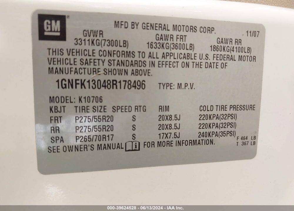 2008 CHEVROLET TAHOE LTZ VIN: 1GNFK13048R178496