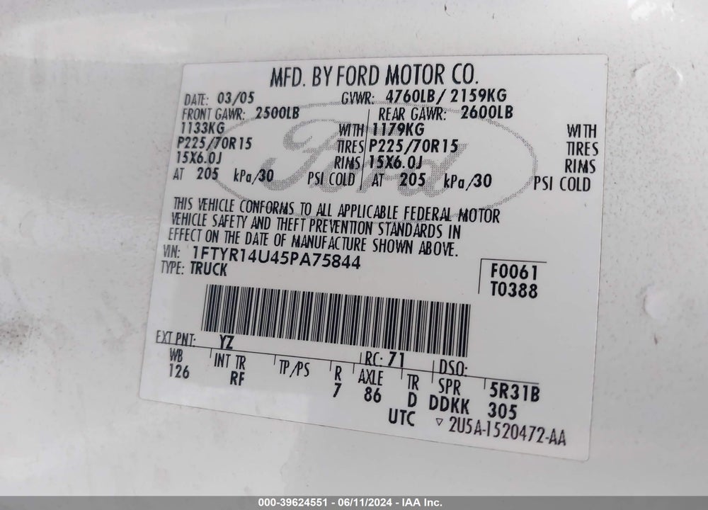 2005 FORD RANGER EDGE/STX/XL/XLT VIN: 1FTYR14U45PA75844