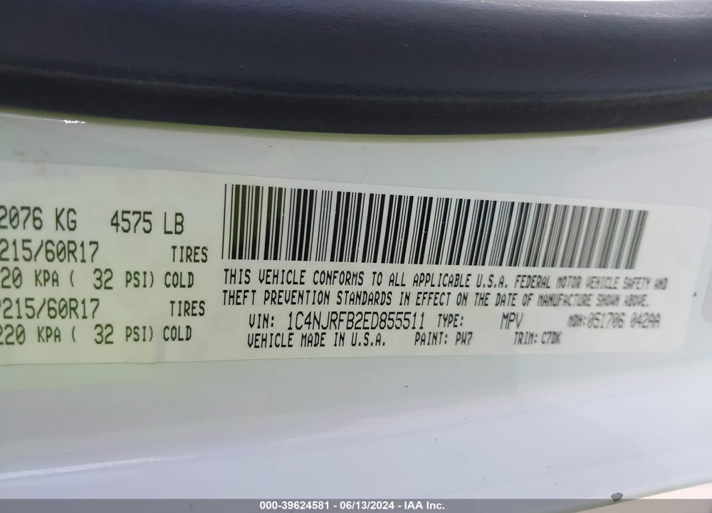 2014 JEEP PATRIOT LATITUDE VIN: 1C4NJRFB2ED855511
