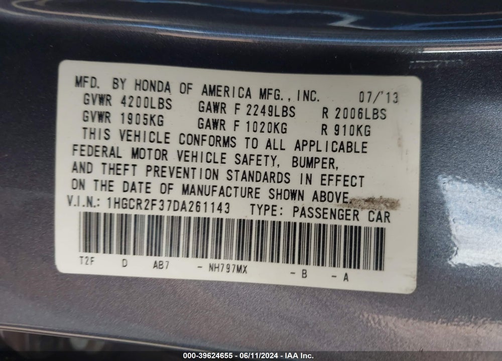 2013 HONDA ACCORD LX VIN: 1HGCR2F37DA261143