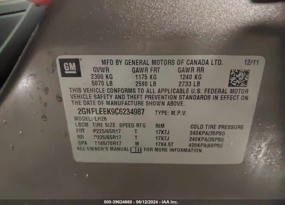 2012 CHEVROLET EQUINOX 1LT VIN: 2GNFLEEK9C6234987