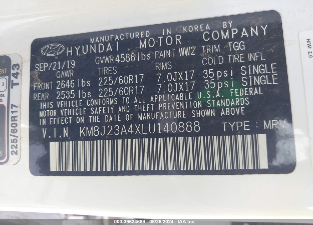 2020 HYUNDAI TUCSON SE VIN: KM8J23A4XLU140888