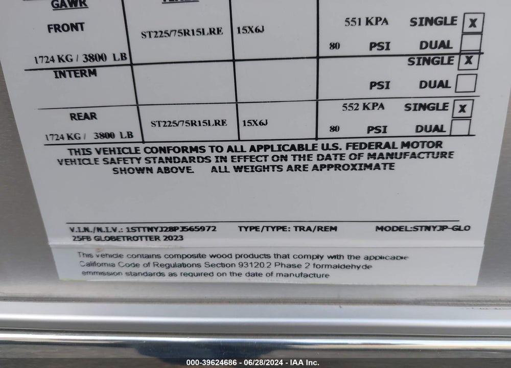 2023 AIRSTREAM GLOBETROTTER VIN: 1STTNYJ28PJ565972
