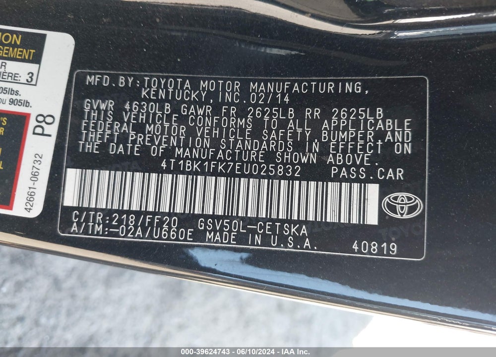 2014 TOYOTA CAMRY SE V6 VIN: 4T1BK1FK7EU025832