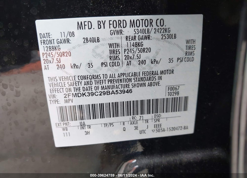 2009 FORD EDGE LIMITED VIN: 2FMDK39C29BA53946