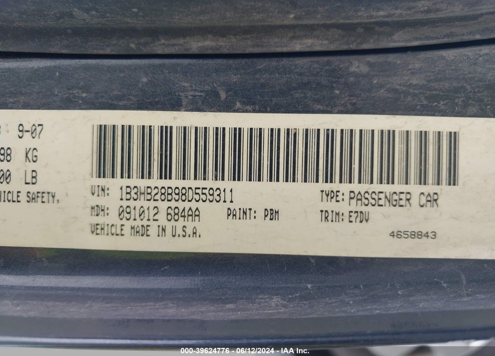 2008 DODGE CALIBER SE VIN: 1B3HB28B98D559311