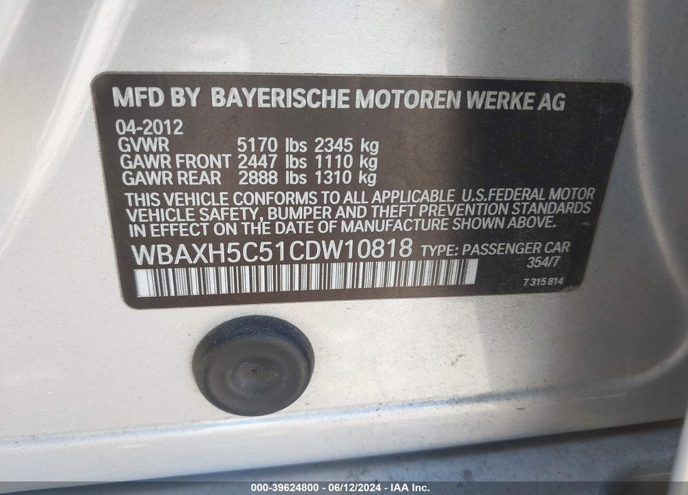 2012 BMW 528I XDRIVE VIN: WBAXH5C51CDW10818
