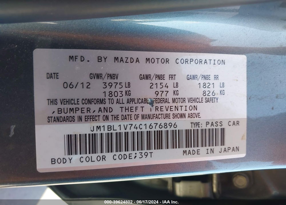 2012 MAZDA 3 I TOURING VIN: JM1BL1V74C1676896