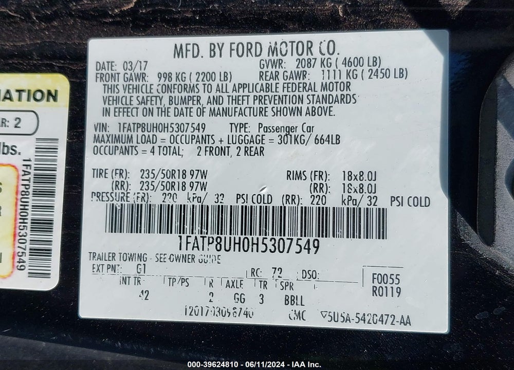 2017 FORD MUSTANG ECOBOOST PREMIUM VIN: 1FATP8UH0H5307549