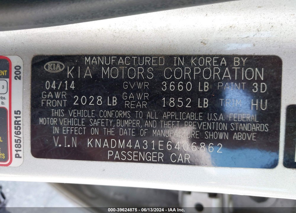 2014 KIA RIO LX VIN: KNADM4A31E6406862