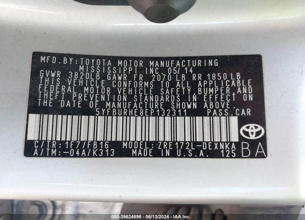 2014 TOYOTA COROLLA LE VIN: 5YFBURHE8EP132311