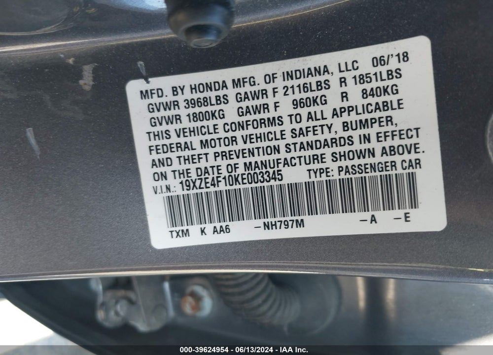 2019 HONDA INSIGHT LX VIN: 19XZE4F10KE003345