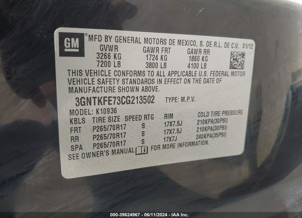 2012 CHEVROLET AVALANCHE 1500 LT1 VIN: 3GNTKFE73CG213502