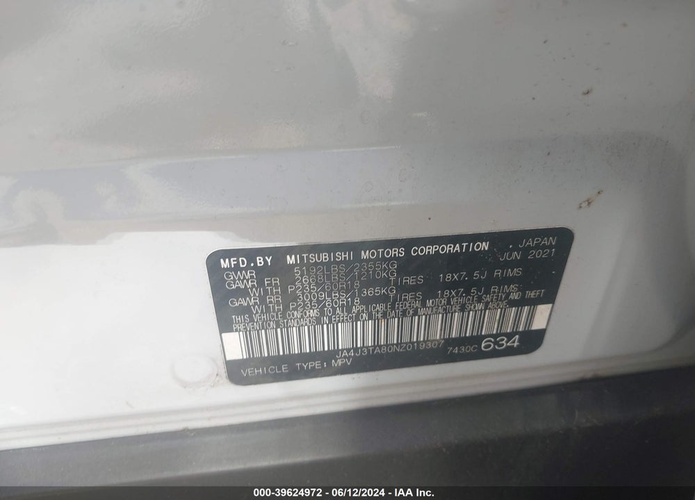 2022 MITSUBISHI OUTLANDER ES 2.5 2WD VIN: JA4J3TA80NZ019307