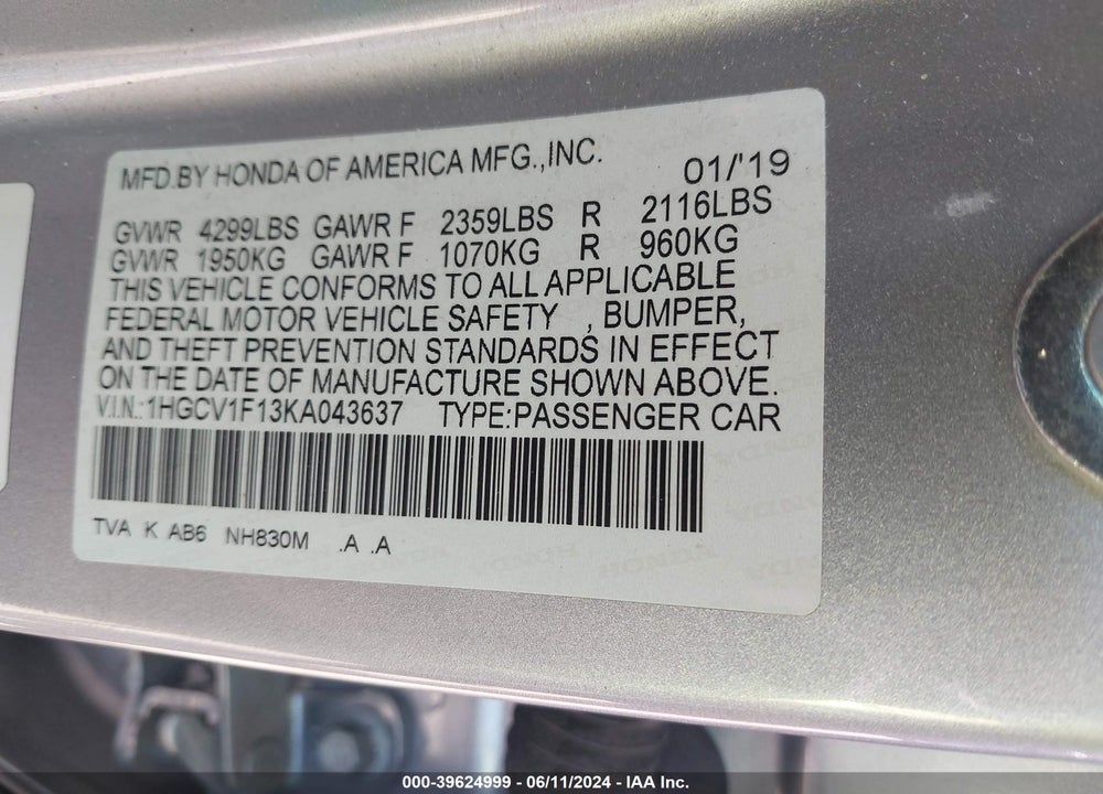 2019 HONDA ACCORD LX VIN: 1HGCV1F13KA043637