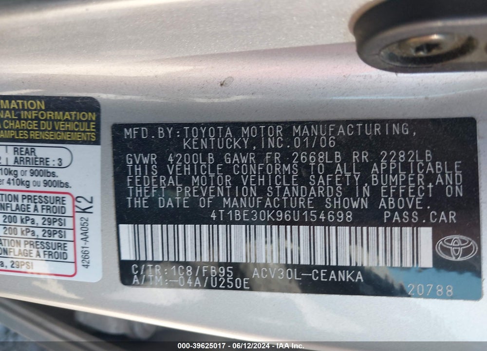 2006 TOYOTA CAMRY LE VIN: 4T1BE30K96U154698