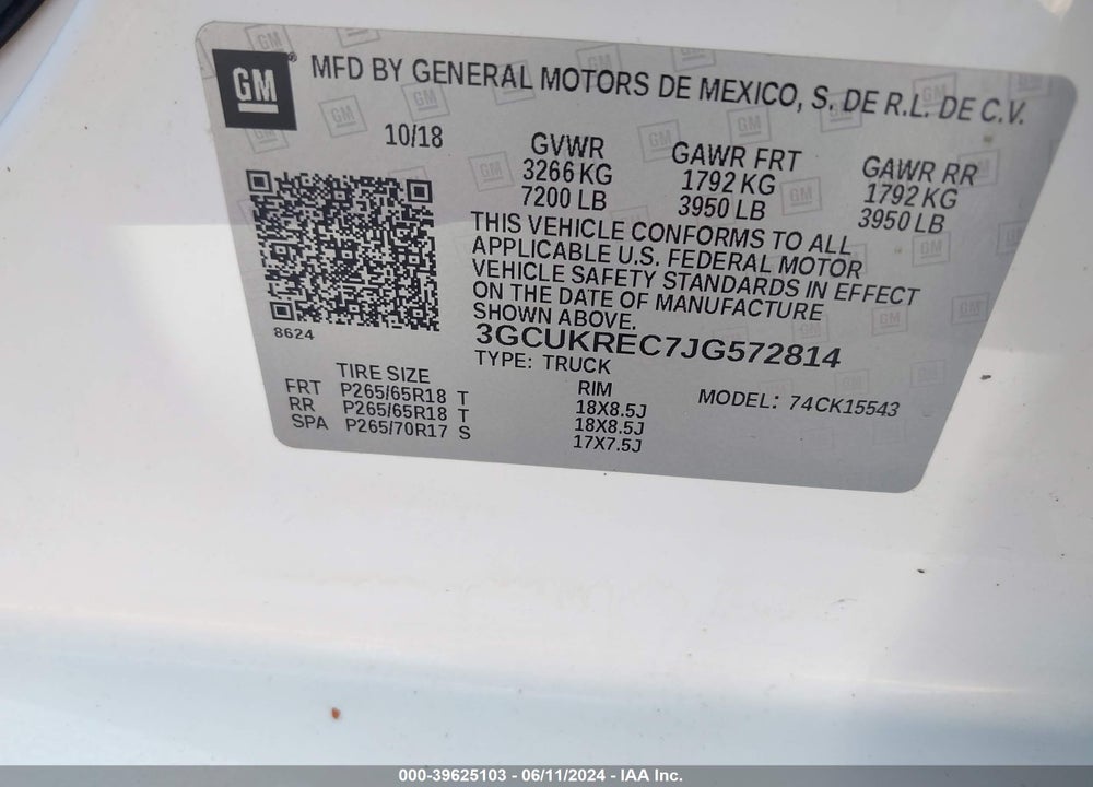 2018 CHEVROLET SILVERADO 1500 2LT VIN: 3GCUKREC7JG572814