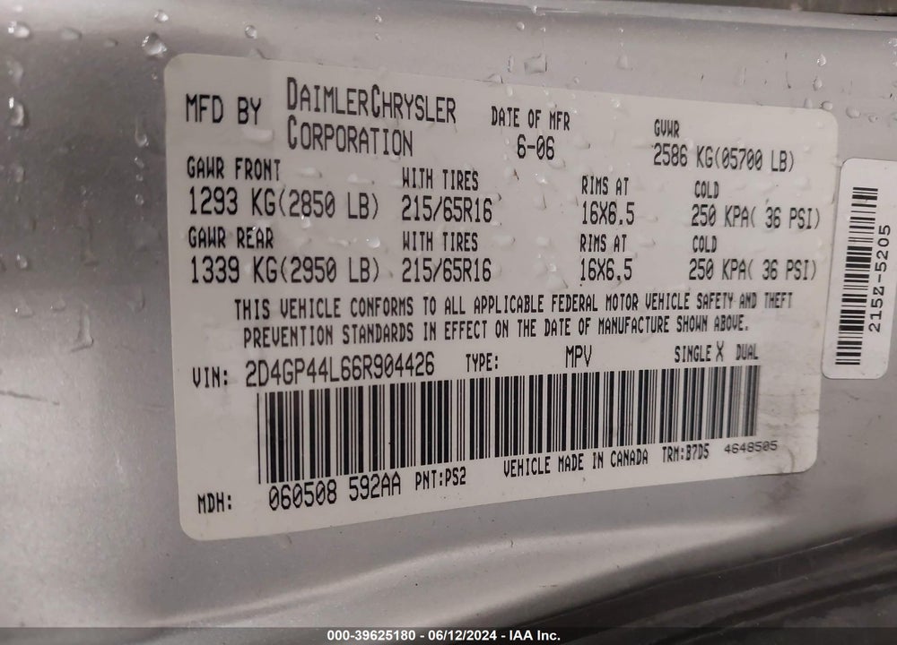 2006 DODGE GRAND CARAVAN SXT VIN: 2D4GP44L66R904426