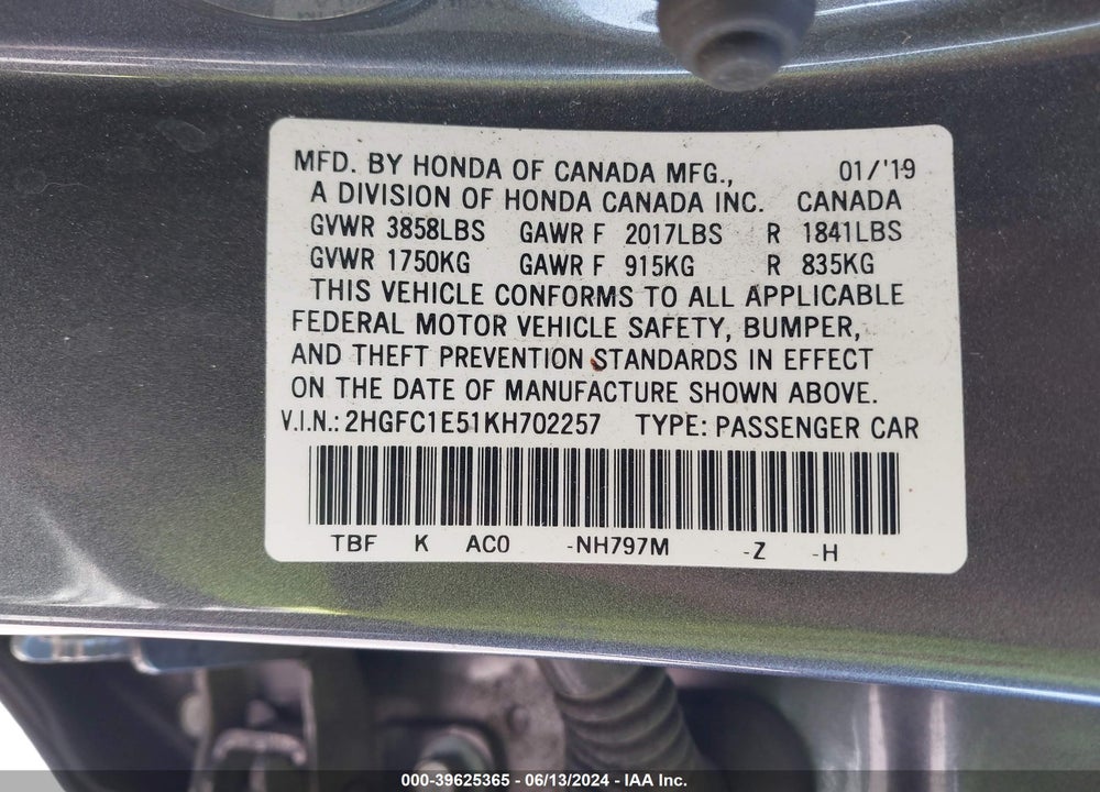 2019 HONDA CIVIC SI VIN: 2HGFC1E51KH702257