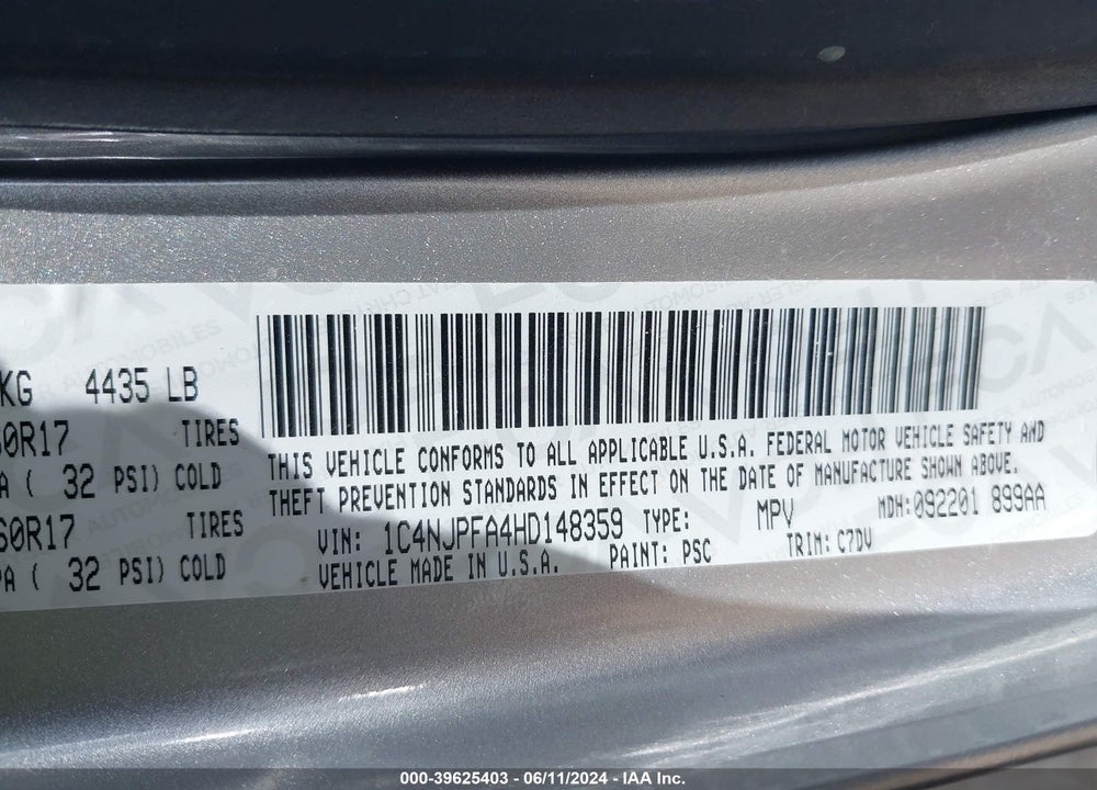 2017 JEEP PATRIOT LATITUDE FWD VIN: 1C4NJPFA4HD148359