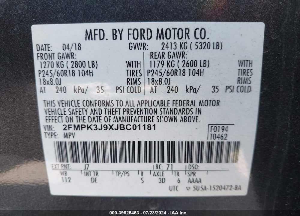 2018 FORD EDGE SEL VIN: 2FMPK3J9XJBC01181