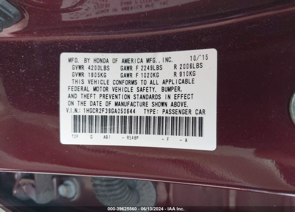 2016 HONDA ACCORD LX VIN: 1HGCR2F39GA050644