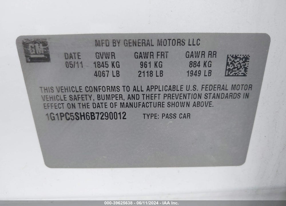 2011 CHEVROLET CRUZE VIN: 1G1PC5SH6B7290012