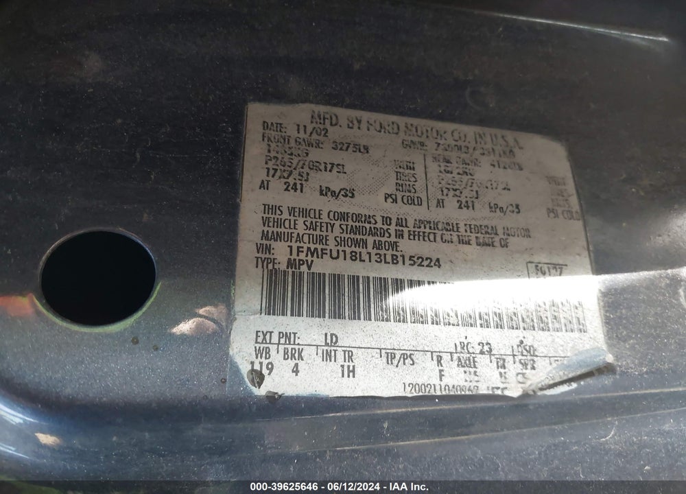 2003 FORD EXPEDITION EDDIE BAUER VIN: 1FMFU18L13LB15224