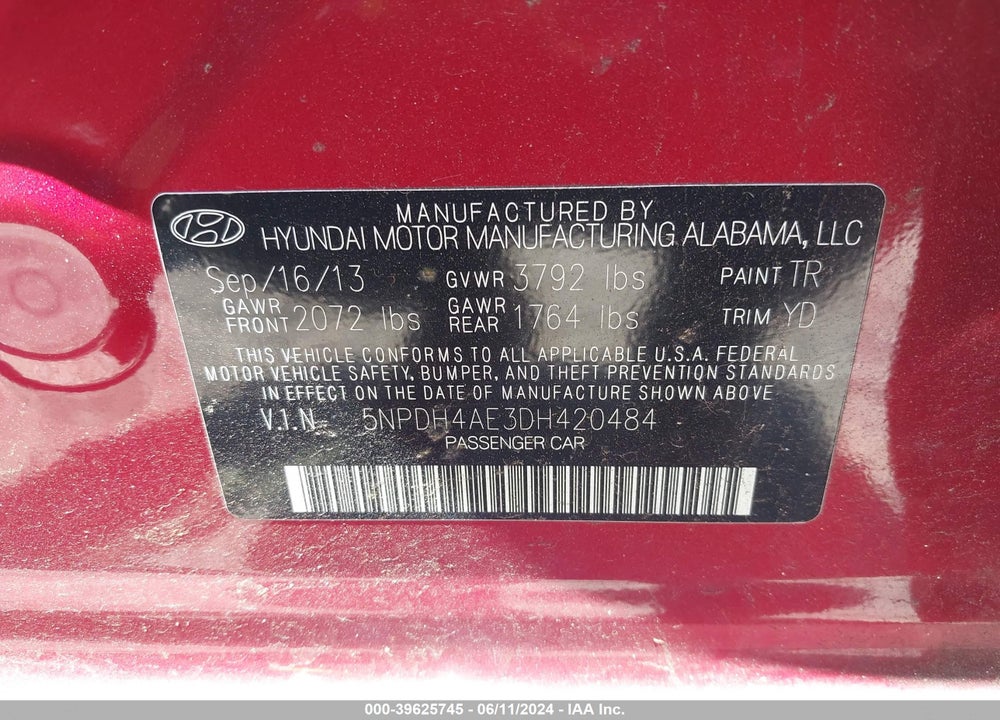 2013 HYUNDAI ELANTRA GLS VIN: 5NPDH4AE3DH420484