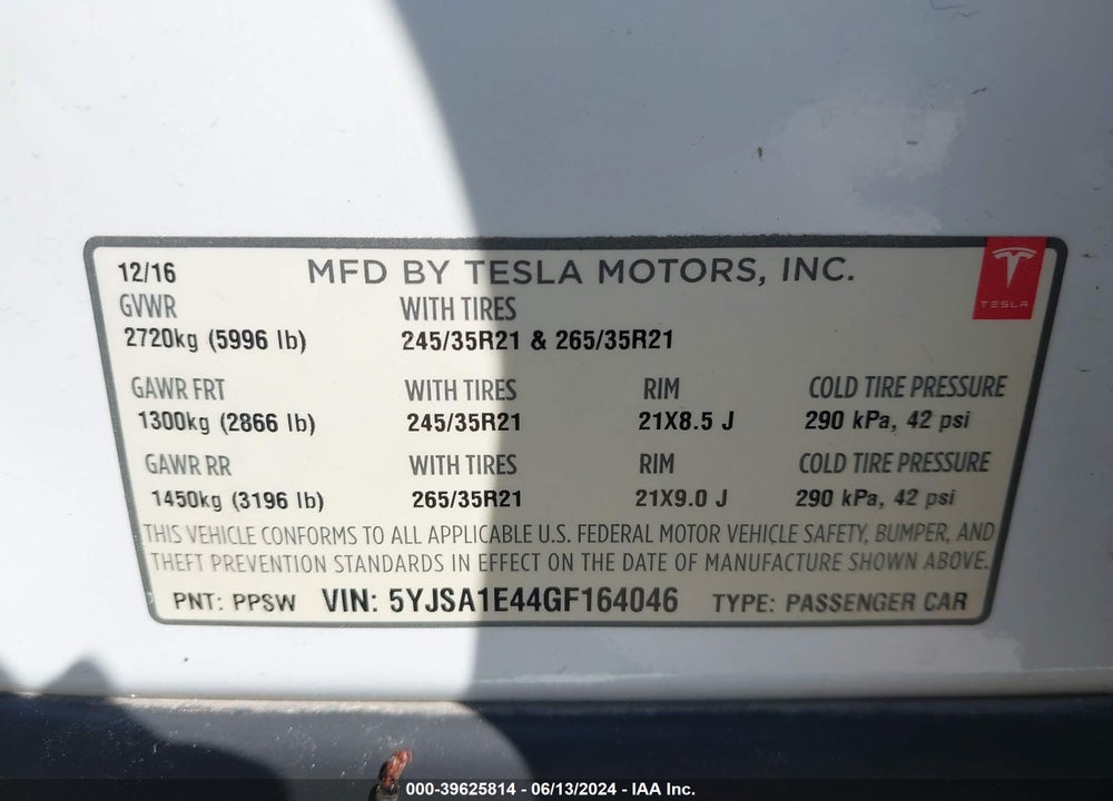 2016 TESLA MODEL S 90D/P100D/P85D/P90D VIN: 5YJSA1E44GF164046